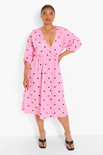 Plus - Prickig Midiklänning Med Omlott, Pink