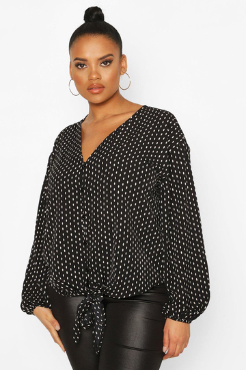 Plus - Diamantmönstrad Blus Med Knytdetalj, Black