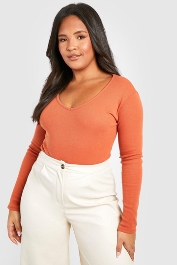 Plus - Ribbad Body Med Lång Urringning, Orange