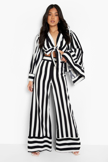 Petite Crop Top Med Vid Ärm Och Utsvängda Byxor, Black