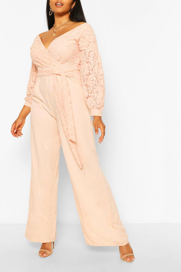 Plus - Off Shoulder-Jumpsuit Med Spets Och Vida Ben, Pink