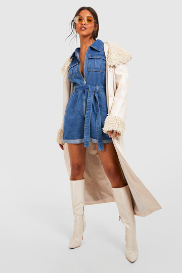 Romper I Denim Med Knytskärp, Blue