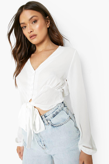 Knytblus Med Knappar, White