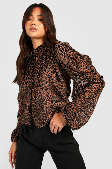 Mönstrad Blus Med Knytdetalj, Beige
