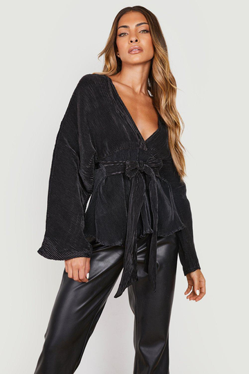 Plisserad Satinblus Med Knytdetalj, Black