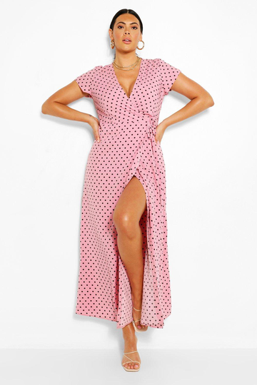 Plus - Prickig Maxiklänning Med Omlott, Pink