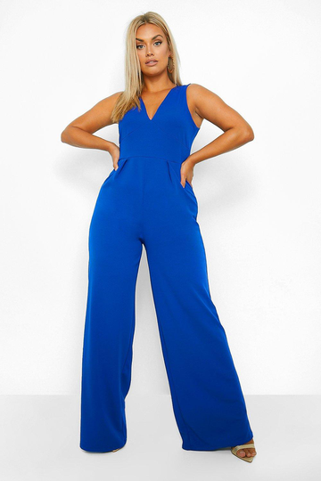 Plus - Jumpsuit Med Vida Ben Och Låg Urringning, Blue