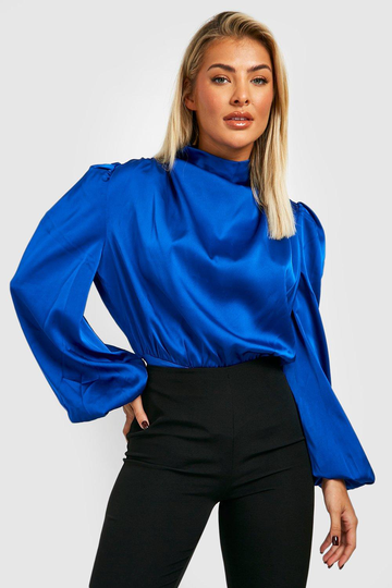 Premium Body I Satin Med Ballongärm Och Hög Hals, Blue