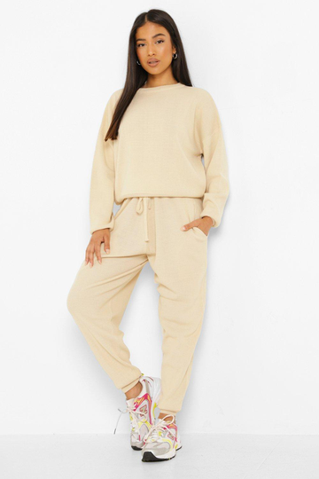 Petite - Stickad Tröja Och Joggers, Beige