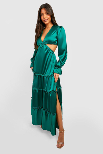 Långklänning I Satin Med Volanger Och Låg Urringning, Green