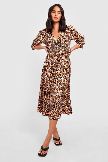 Leopardmönstrad Midiklänning Med Smock, Brown
