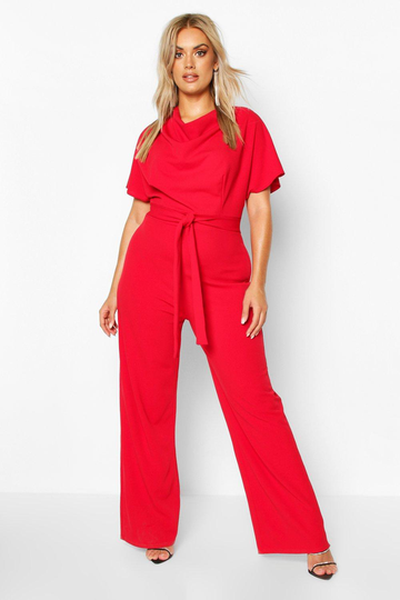 Plus - Jumpsuit Med Draperad Hals Och Vida Ben, Red