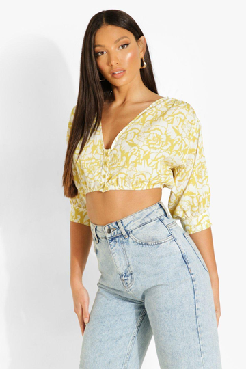 Tall - Crop Top Med Puffärm Och Knappar, Yellow