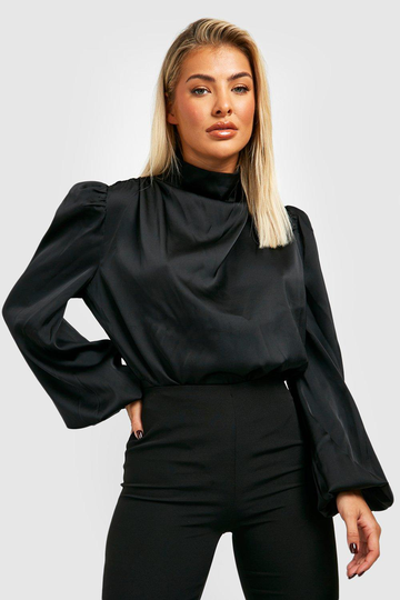 Premium Body I Satin Med Ballongärm Och Hög Hals, Black