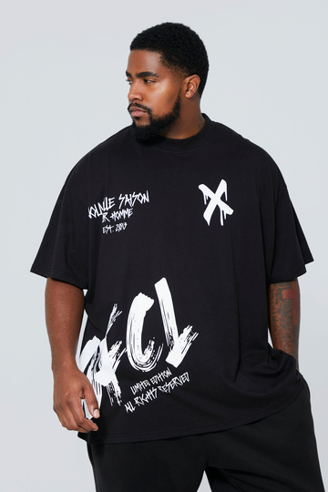 Plus Oversize T-Shirt Med Hög Halsmudd Och Tryck, Black