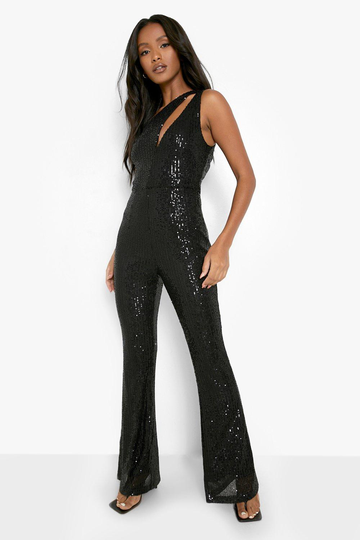 Petite - Jumpsuit Med Paljetter, Cut-Out Och Utsvängda Ben, Black