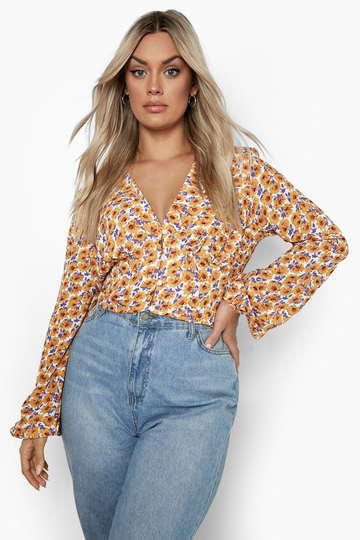 Plus - Småblommig Kort Blus Med Knappar, Orange