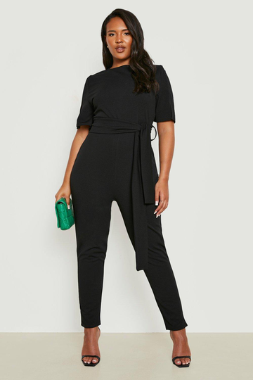 Plus - Jumpsuit I Kostymstil Med Bälte Och Capeärm, Black