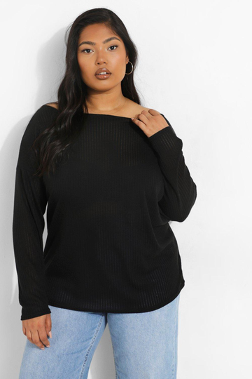 Plus - Långärmad Oversize T-Shirt I Ribbat Tyg, Black