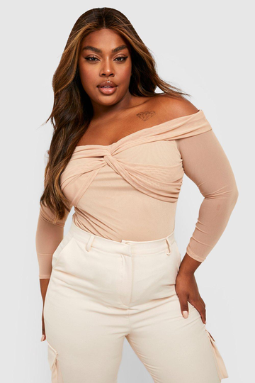 Plus - Body I Mesh Med Tvinnad Detalj, Beige