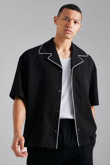 Tall - Skjorta Med Bowlingkrage Och Kantband, Black