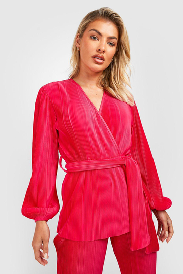 Plisserad Blus Med Knytdetalj Och Volymärm, Pink