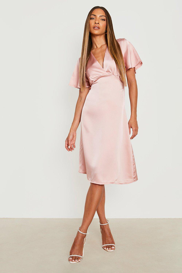 Midiklänning I Satin Med Vid Ärm, Pink