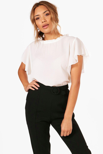 Blus I Vävt Tyg Med Volangärm Och Krage, White
