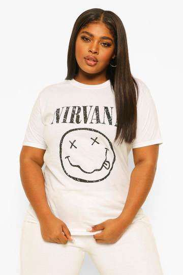 Plus - Oversize T-Shirt Med Nirvana-Tryck Och Smiley, White