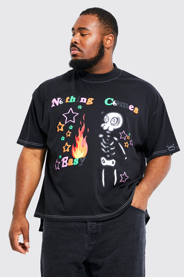 Plus Oversized T-Shirt Med Ojämn Kant, Black