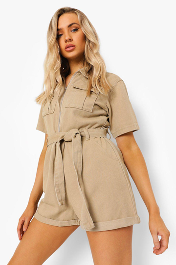 Romper I Denim Med Knytskärp, Beige
