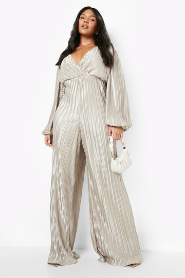 Plus - Plisserad Jumpsuit Med Omlott Och Vida Ben, Beige