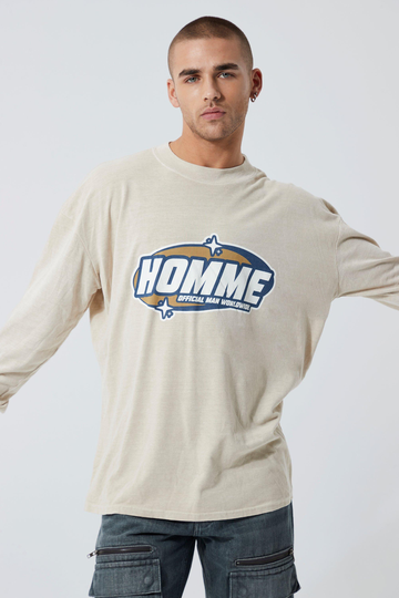 Homme Oversized Långärmad T-Shirt Med Tryck, Beige