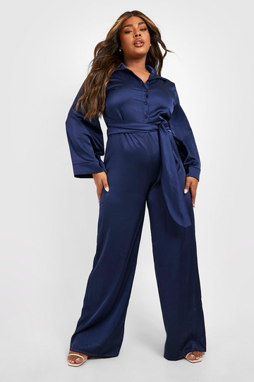 Plus Jumpsuit Med Vida Ben Och Knappar, Blue