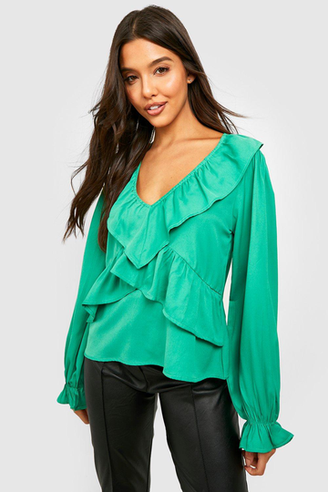 Blus Med Volymärm Och Volanger, Green