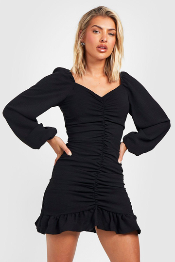 Rynkad Klänning Med Volymärm, Black