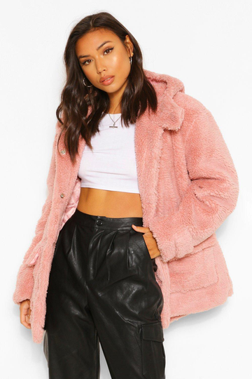 Oversize Jacka I Fuskteddy Med Huva, Pink