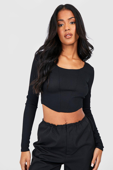 Tall Långärmad Ribbad Korsett-Topp, Black