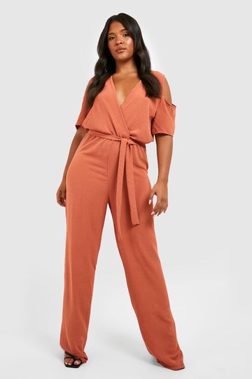 Plus Cold Shoulder-Jumpsuit Med Knytskärp, Brown