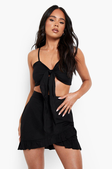 Petite Bralette Och Kjol I Linnetyg, Black