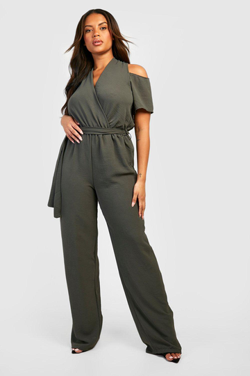 Plus Cold Shoulder-Jumpsuit Med Knytskärp, Green