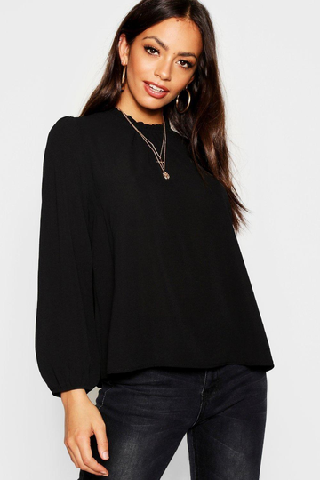 Vävd Blus Med Volangkrage Och Lång Ärm, Black