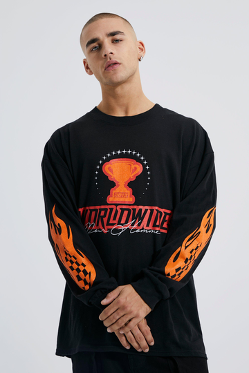 Worldwide Oversized Långärmad T-Shirt Med Tryck, Black
