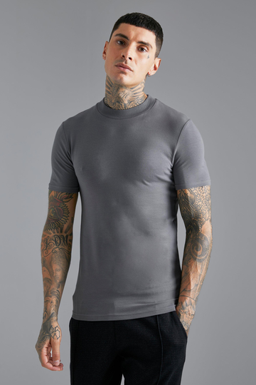 T-Shirt I Muscle Fit Med Hög Halsmudd, Grey