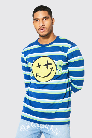 Tall Långärmad Randig T-Shirt Med Tryck, Blue