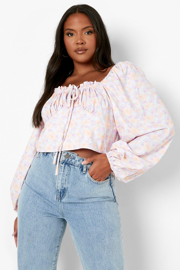 Plus - Blommig Blus Med Puffärm, Purple