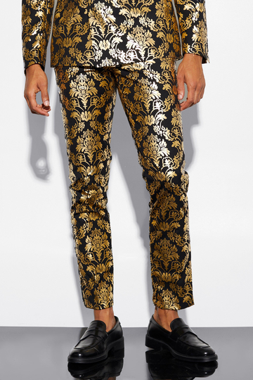 Croppade Mönstrade Kostymbyxor I Slim Fit, Gold