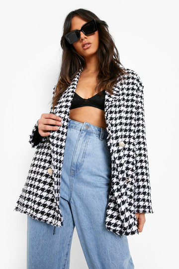 Dubbelknäppt Boxig Blazer Med Hundtandsmönster, Black