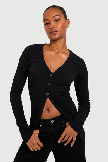 Tall - Långärmad Stickad Topp Med Knappar, Black