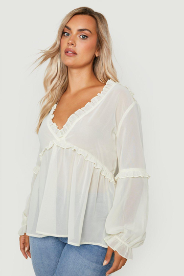 Plus - Blus Med Låg Urringning Och Volanger, White